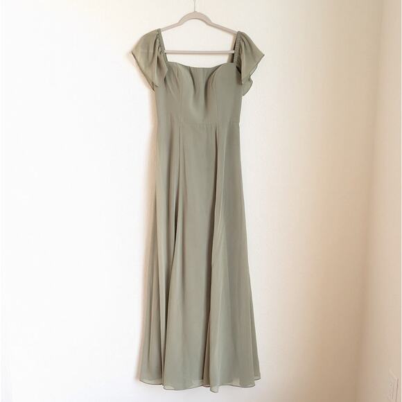 Jenny Yoo Elsie Off Shoulder Flutter Sleeve Green Chiffon Dress, sz 2 - Picture 2 of 13